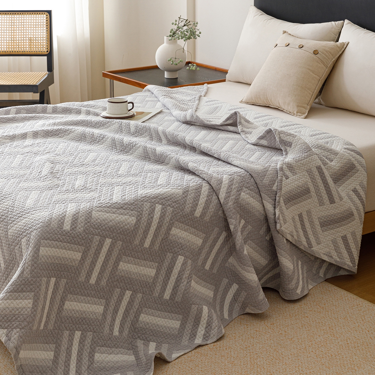 91家纺网 家纺一手货源 找家纺 悦然毛巾被 2026新款外贸全棉三层纱布毛巾被盖毯 迷宫灰