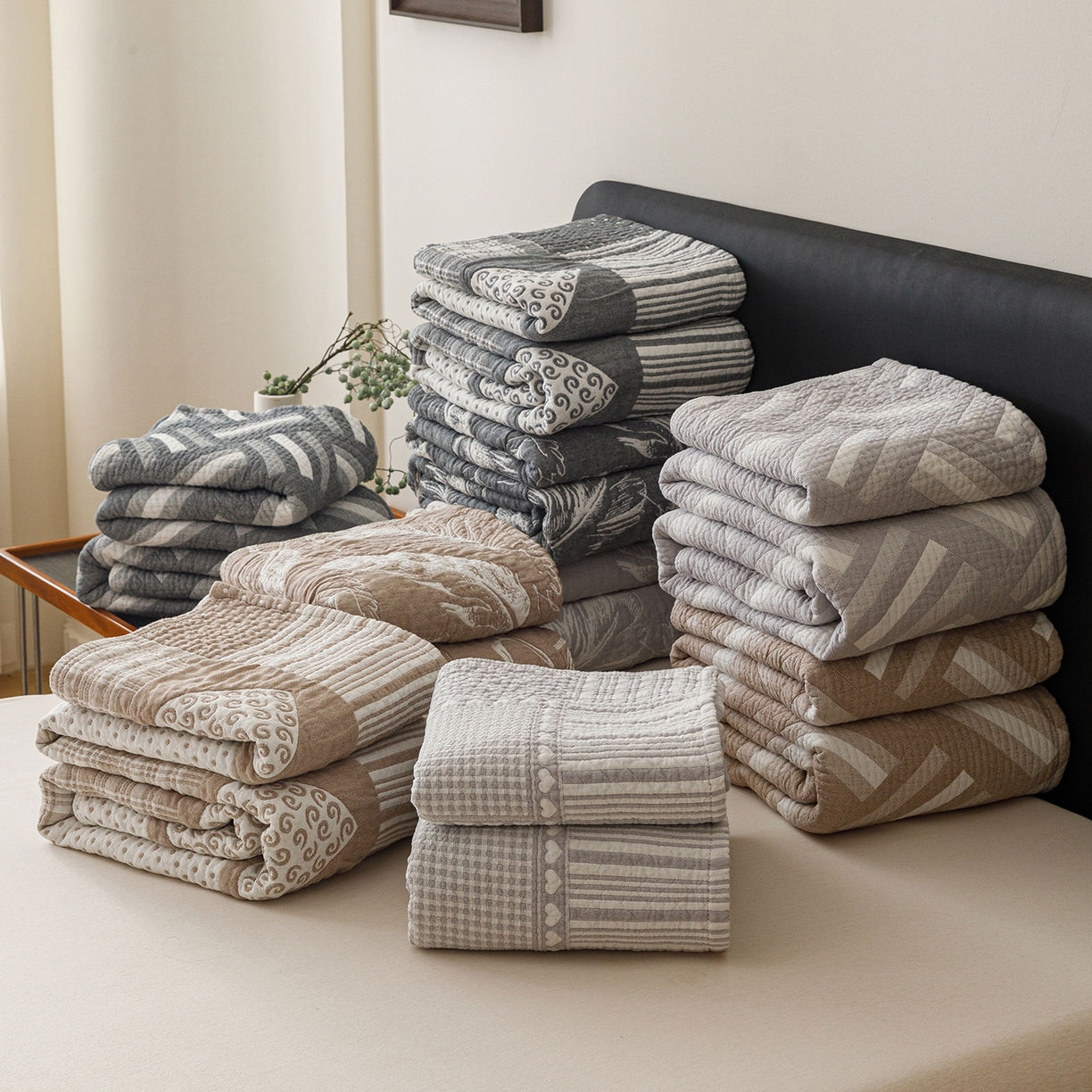 91家纺网 家纺一手货源 找家纺 悦然毛巾被 2026新款外贸全棉三层纱布毛巾被盖毯 组合