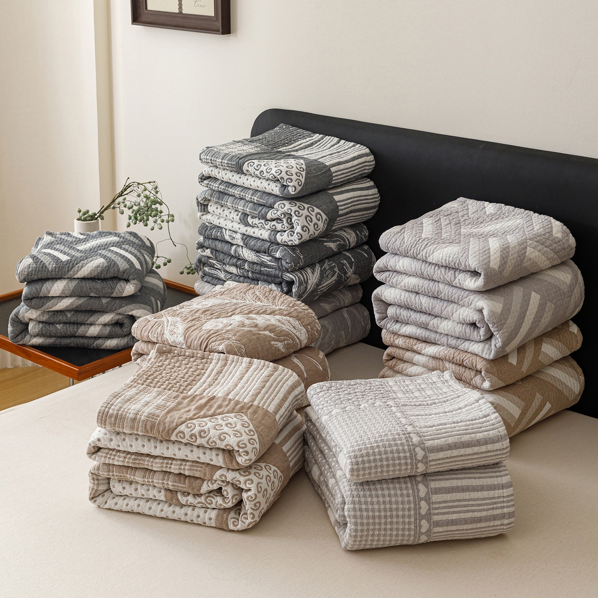 91家纺网 家纺一手货源 找家纺 悦然毛巾被 2026新款外贸全棉三层纱布毛巾被盖毯 组合