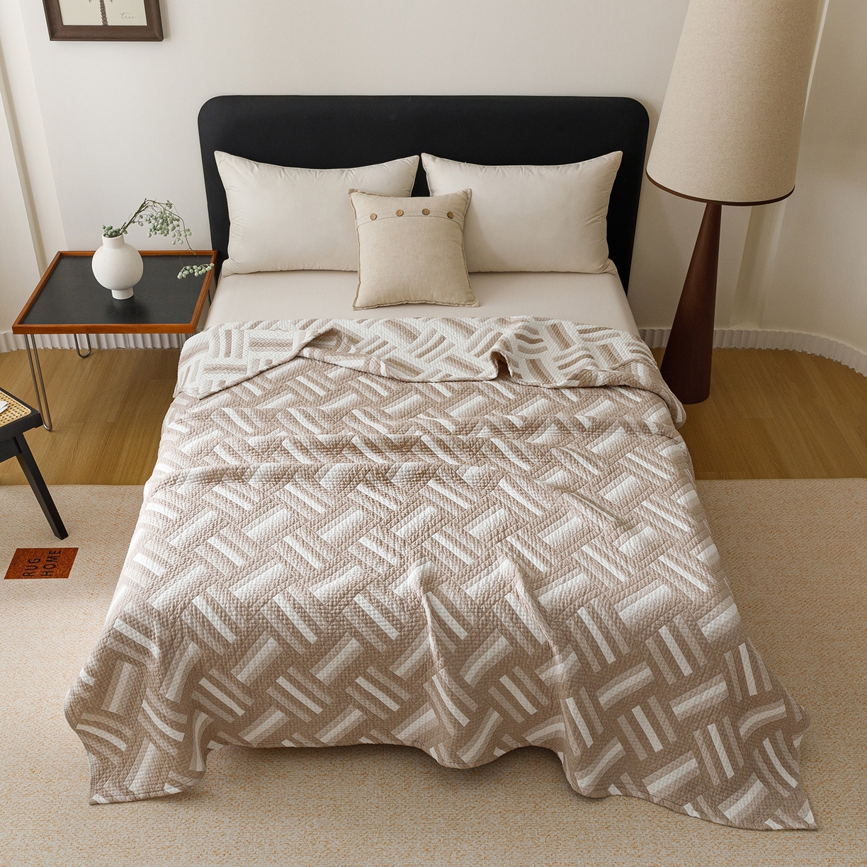 91家纺网 家纺一手货源 找家纺 悦然毛巾被 2026新款外贸全棉三层纱布毛巾被盖毯 迷宫格咖