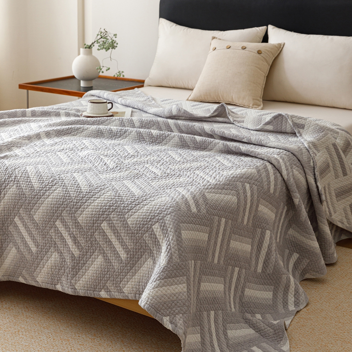 91家纺网 家纺一手货源 找家纺 悦然毛巾被 2026新款外贸全棉三层纱布毛巾被盖毯 迷宫灰