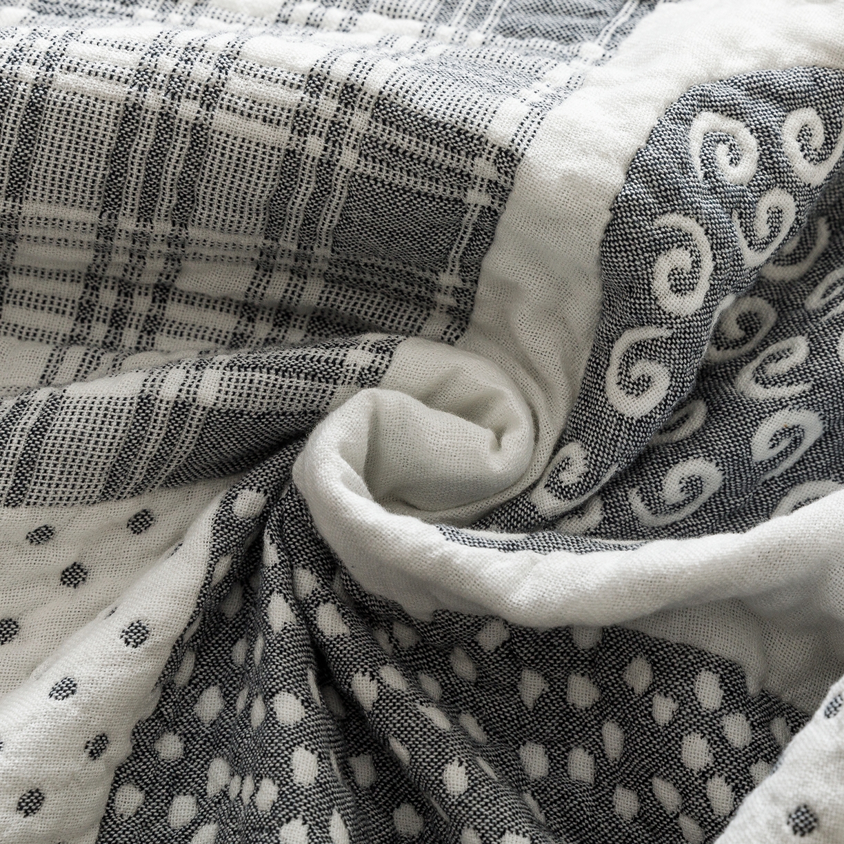 91家纺网 家纺一手货源 找家纺 悦然毛巾被 2026新款外贸全棉三层纱布毛巾被盖毯 爱心拼布蓝