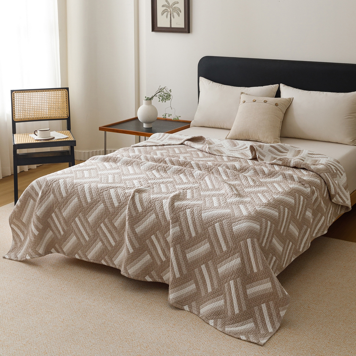 91家纺网 家纺一手货源 找家纺 悦然毛巾被 2026新款外贸全棉三层纱布毛巾被盖毯 迷宫格咖