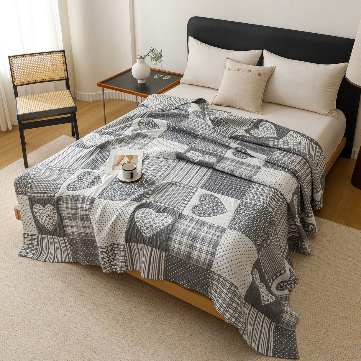 91家纺网 家纺一手货源 找家纺 悦然毛巾被 2026新款外贸全棉三层纱布毛巾被盖毯 爱心拼布蓝