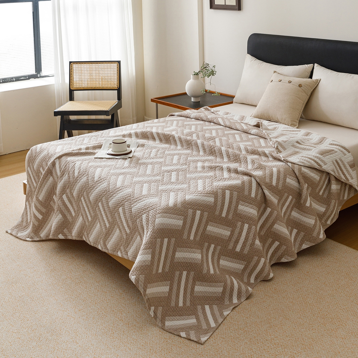 91家纺网 家纺一手货源 找家纺 悦然毛巾被 2026新款外贸全棉三层纱布毛巾被盖毯 迷宫格咖