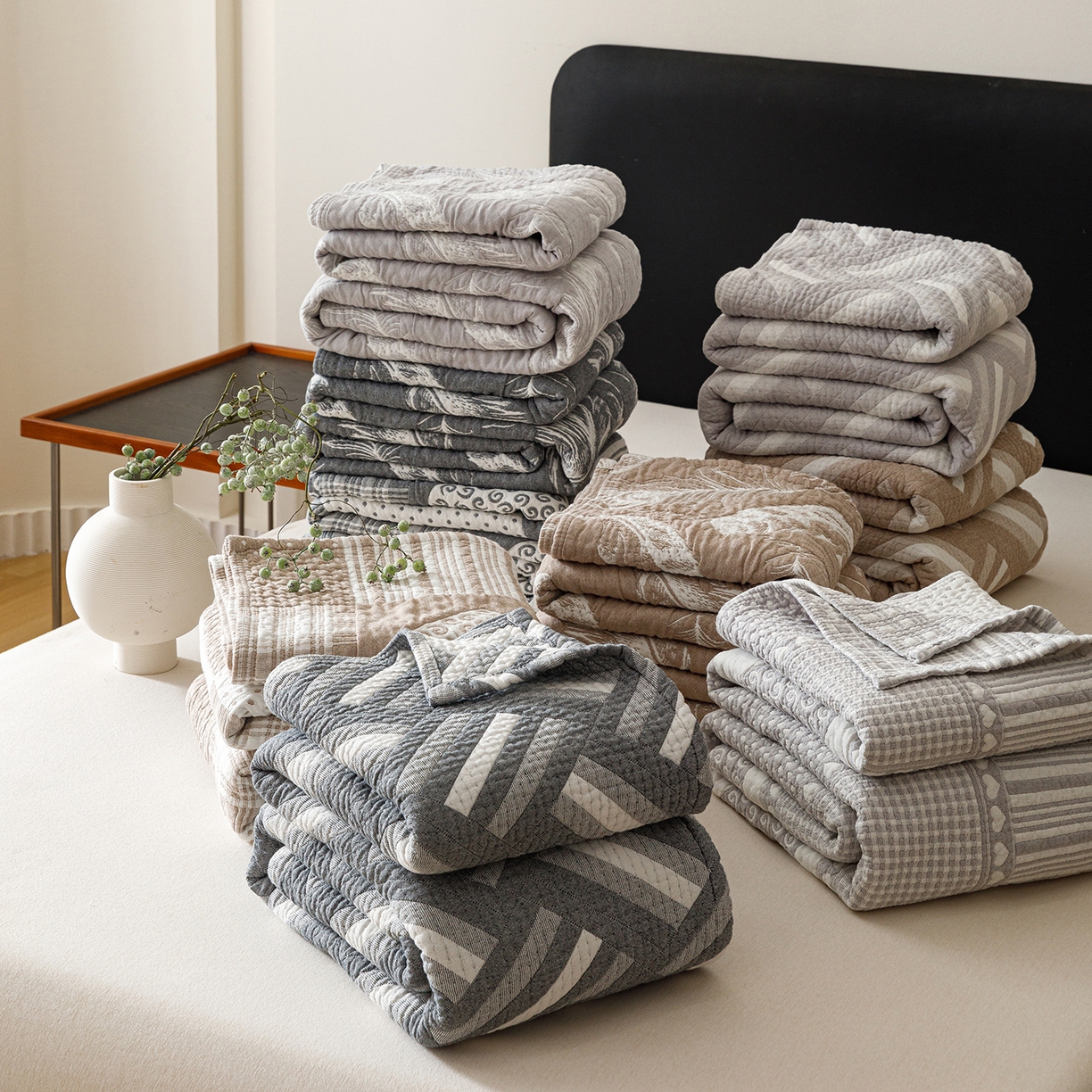 91家纺网 家纺一手货源 找家纺 悦然毛巾被 2026新款外贸全棉三层纱布毛巾被盖毯 组合