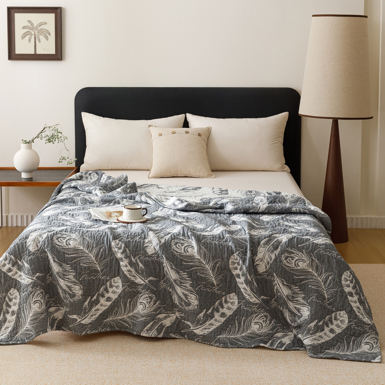 91家纺网 家纺一手货源 找家纺 悦然毛巾被 2026新款外贸全棉三层纱布毛巾被盖毯 空灵羽蓝