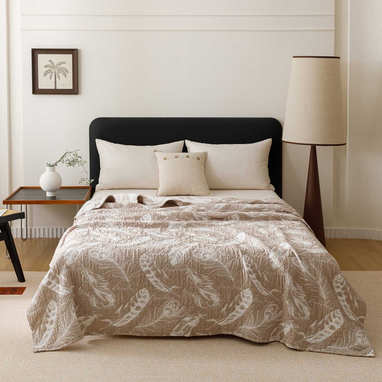 91家纺网 家纺一手货源 找家纺 悦然毛巾被 2026新款外贸全棉三层纱布毛巾被盖毯 空灵羽咖