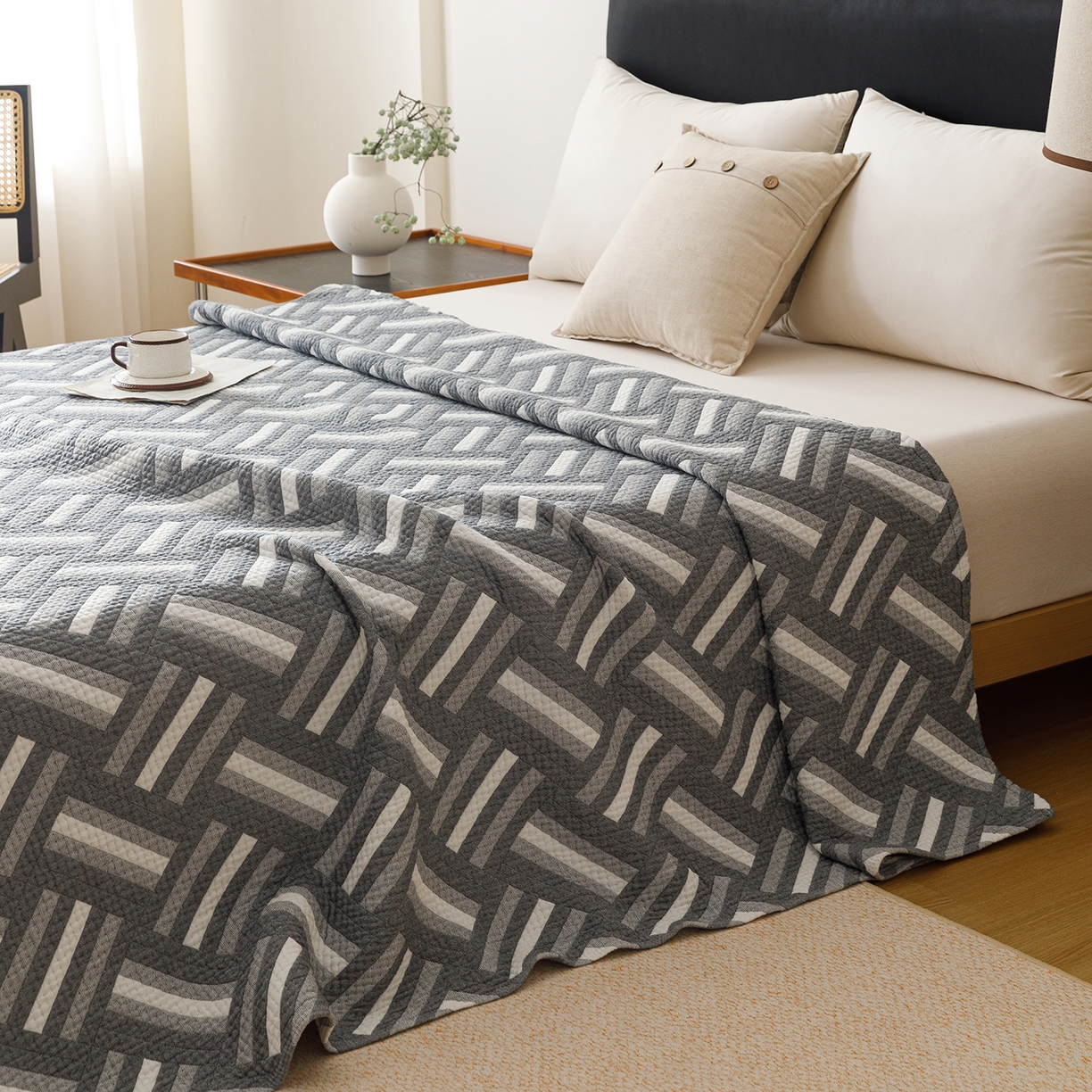 91家纺网 家纺一手货源 找家纺 悦然毛巾被 2026新款外贸全棉三层纱布毛巾被盖毯 迷宫蓝