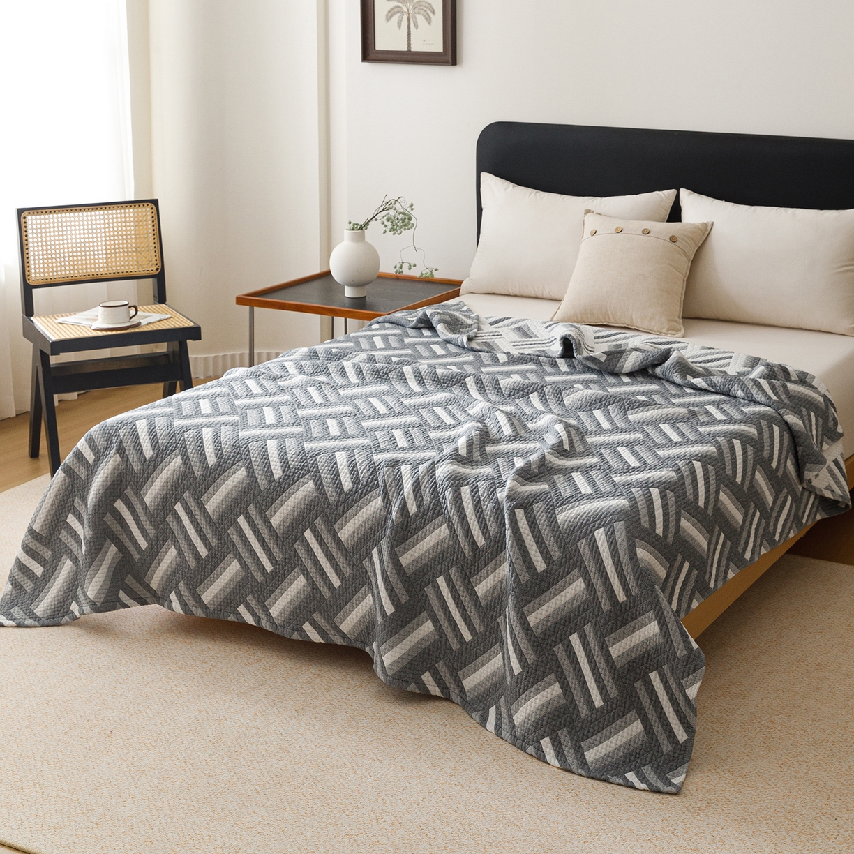 91家纺网 家纺一手货源 找家纺 悦然毛巾被 2026新款外贸全棉三层纱布毛巾被盖毯 迷宫蓝