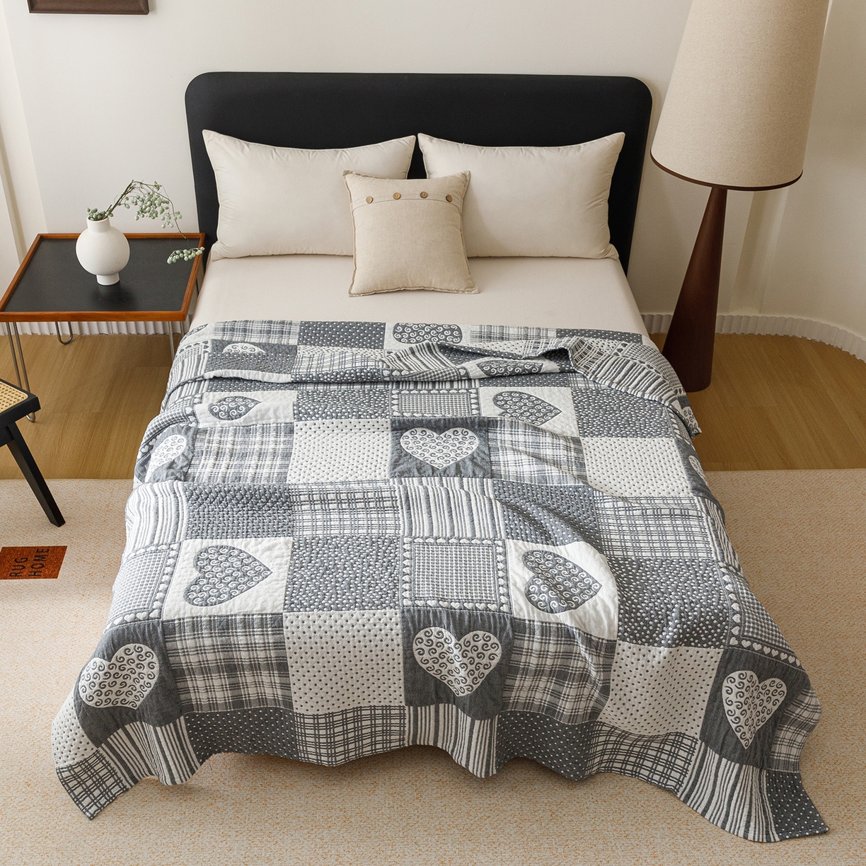 91家纺网 家纺一手货源 找家纺 悦然毛巾被 2026新款外贸全棉三层纱布毛巾被盖毯 爱心拼布蓝