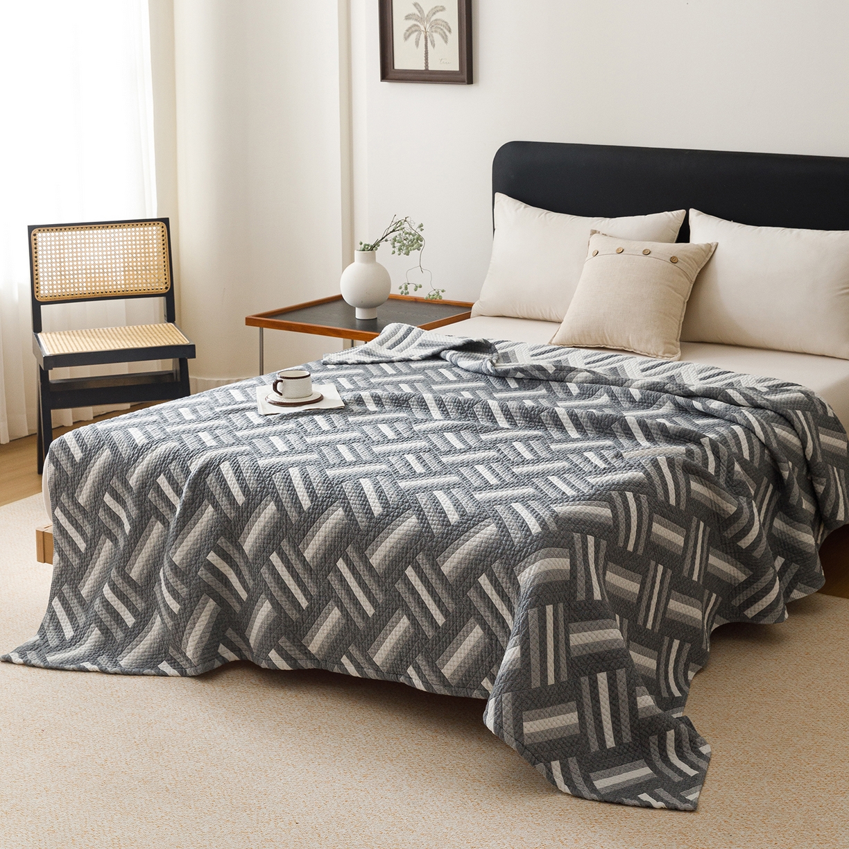 91家纺网 家纺一手货源 找家纺 悦然毛巾被 2026新款外贸全棉三层纱布毛巾被盖毯 迷宫蓝