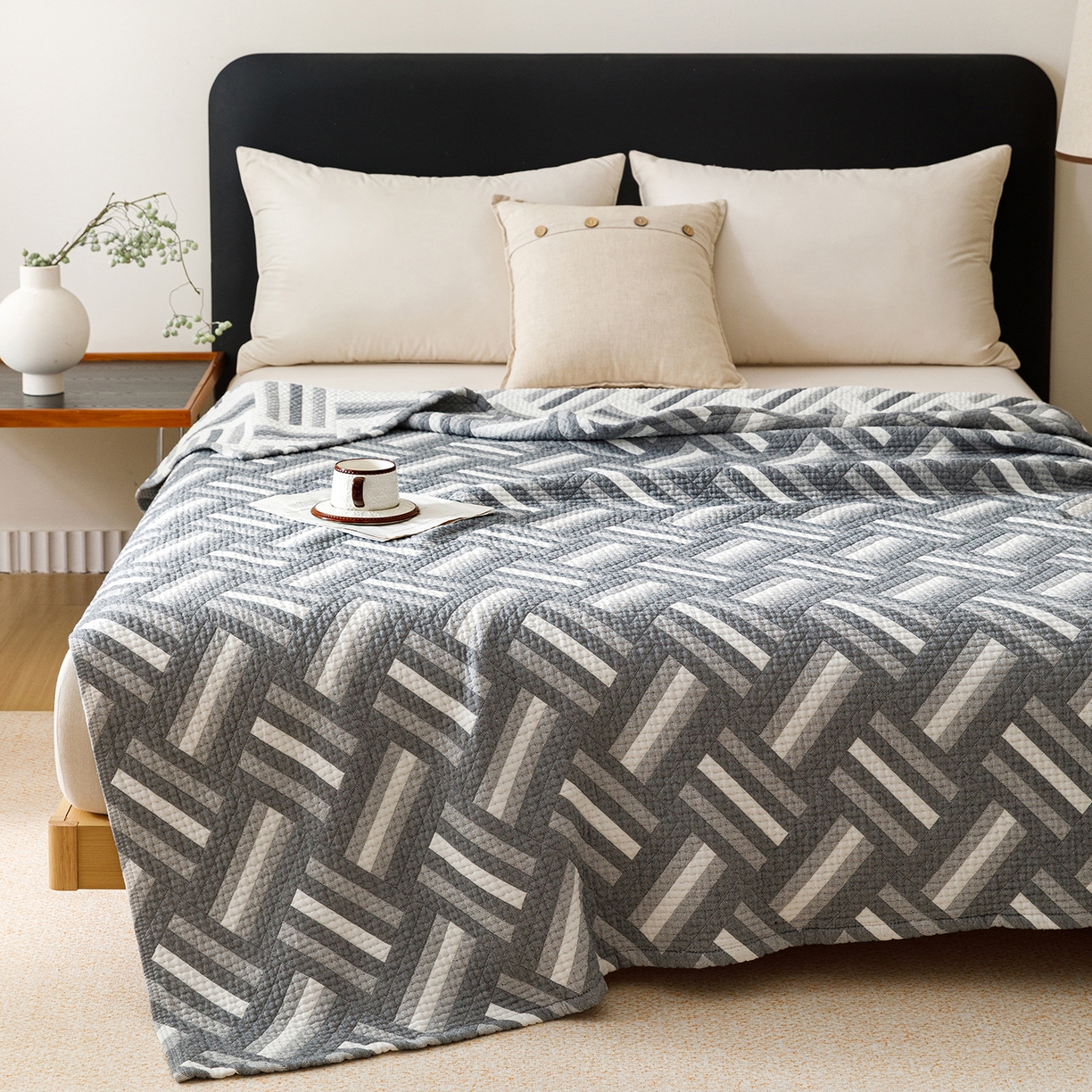 91家纺网 家纺一手货源 找家纺 悦然毛巾被 2026新款外贸全棉三层纱布毛巾被盖毯 迷宫蓝