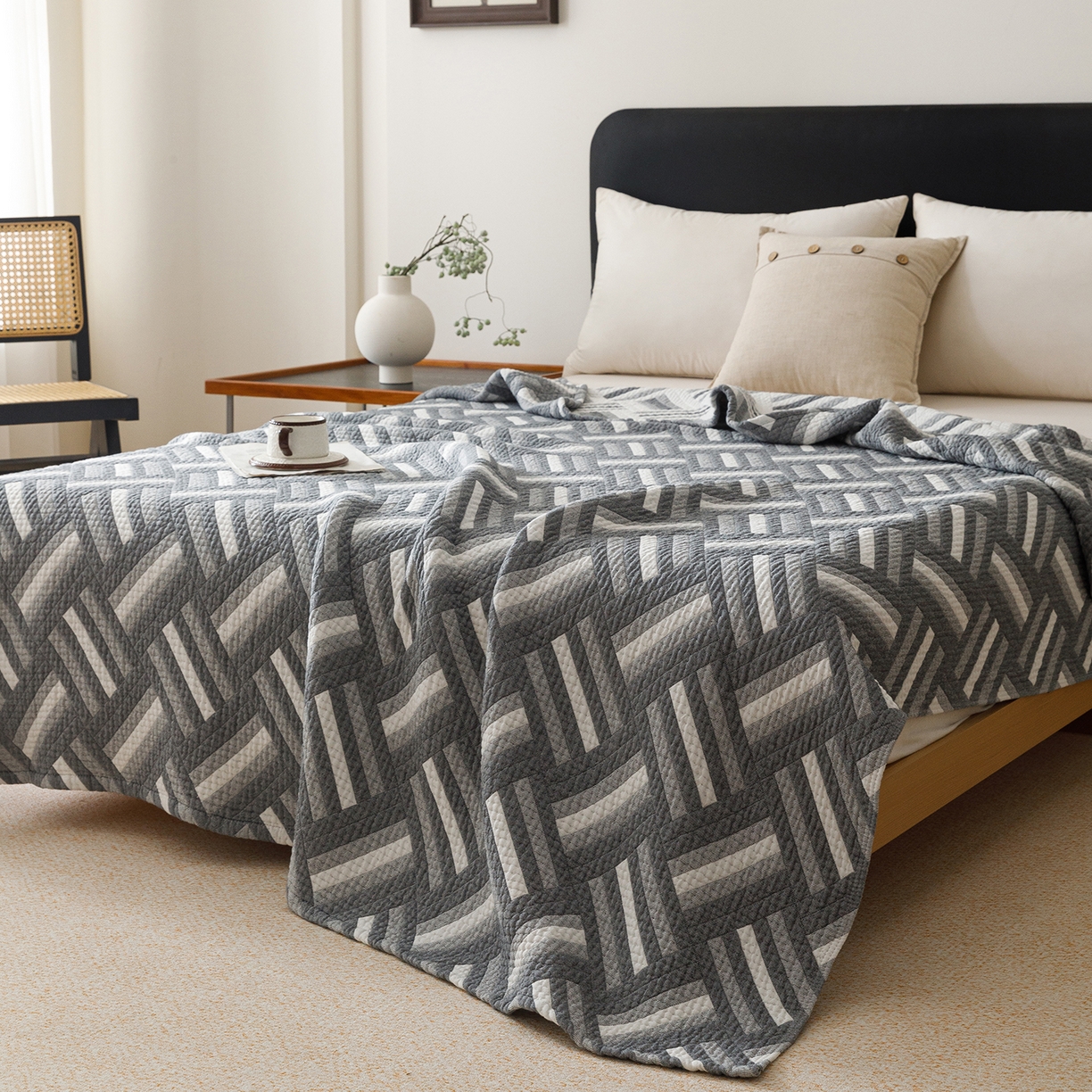 91家纺网 家纺一手货源 找家纺 悦然毛巾被 2026新款外贸全棉三层纱布毛巾被盖毯 迷宫蓝