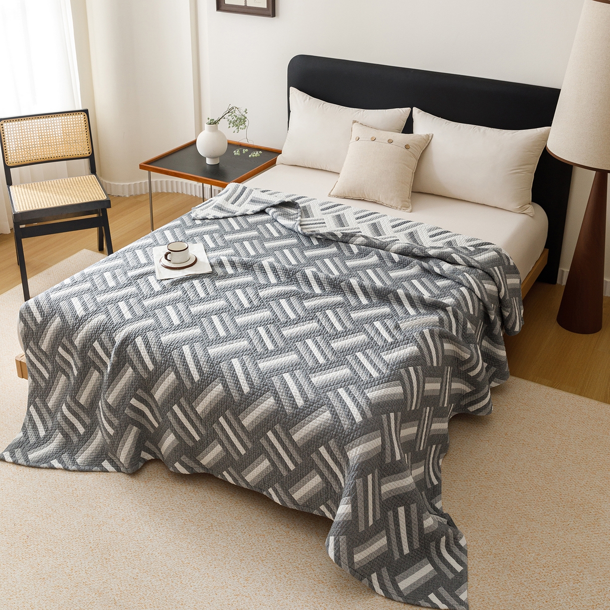 91家纺网 家纺一手货源 找家纺 悦然毛巾被 2026新款外贸全棉三层纱布毛巾被盖毯 迷宫蓝