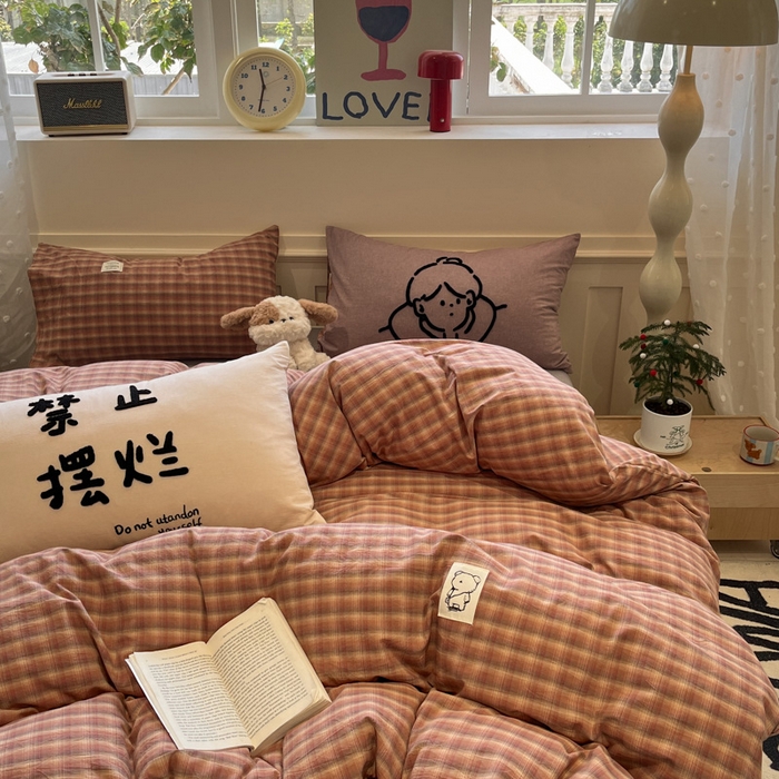 91家纺网 家纺一手货源 找家纺 （总）花漾家居 2026新款无印宿舍简约全棉色织水洗棉毛巾绣四件套