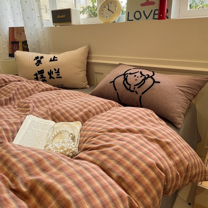 91家纺网 家纺一手货源 找家纺 （总）花漾家居 2026新款无印宿舍简约全棉色织水洗棉毛巾绣四件套