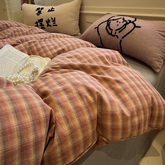 （总）花漾家居 2026新款无印宿舍简约全棉色织水洗棉毛巾绣四件套