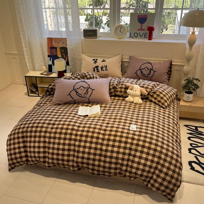 91家纺网 家纺一手货源 找家纺 花漾家居 2026新款无印宿舍简约全棉色织水洗棉毛巾绣四件套 咖中格