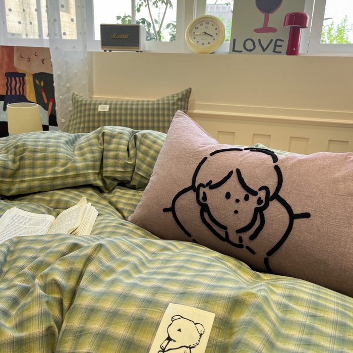 91家纺网 家纺一手货源 找家纺 花漾家居 2026新款无印宿舍简约全棉色织水洗棉毛巾绣四件套 绿咖格