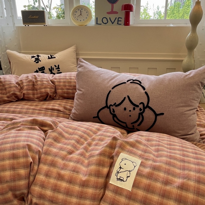 91家纺网 家纺一手货源 找家纺 花漾家居 2026新款无印宿舍简约全棉色织水洗棉毛巾绣四件套 粉咖格