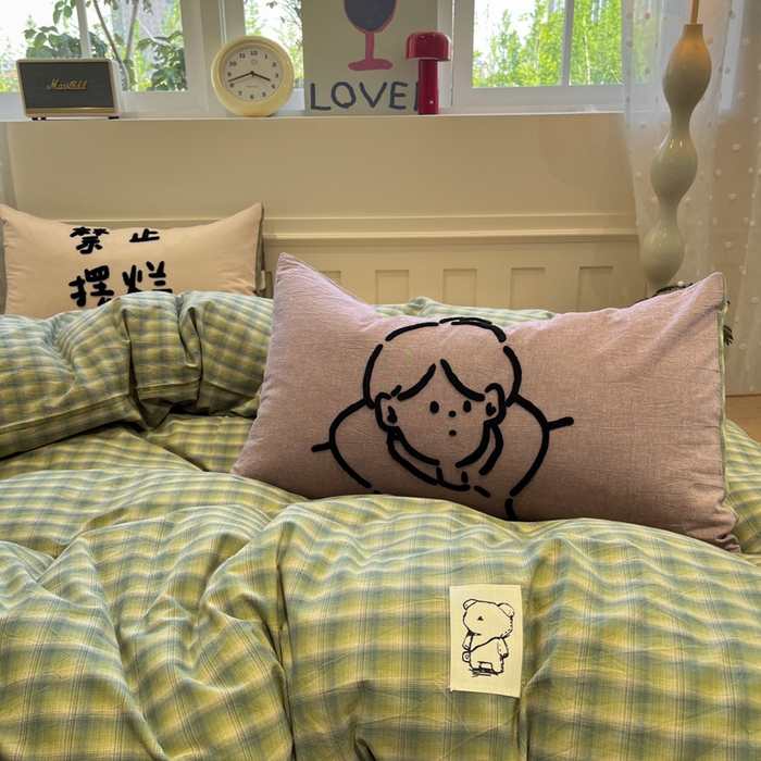 91家纺网 家纺一手货源 找家纺 花漾家居 2026新款无印宿舍简约全棉色织水洗棉毛巾绣四件套 绿咖格