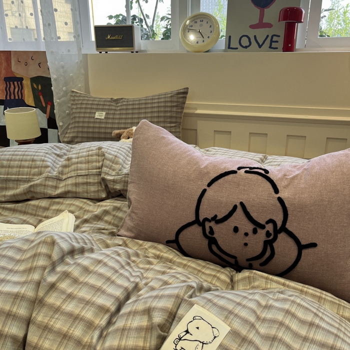 91家纺网 家纺一手货源 找家纺 花漾家居 2026新款无印宿舍简约全棉色织水洗棉毛巾绣四件套 灰咖格