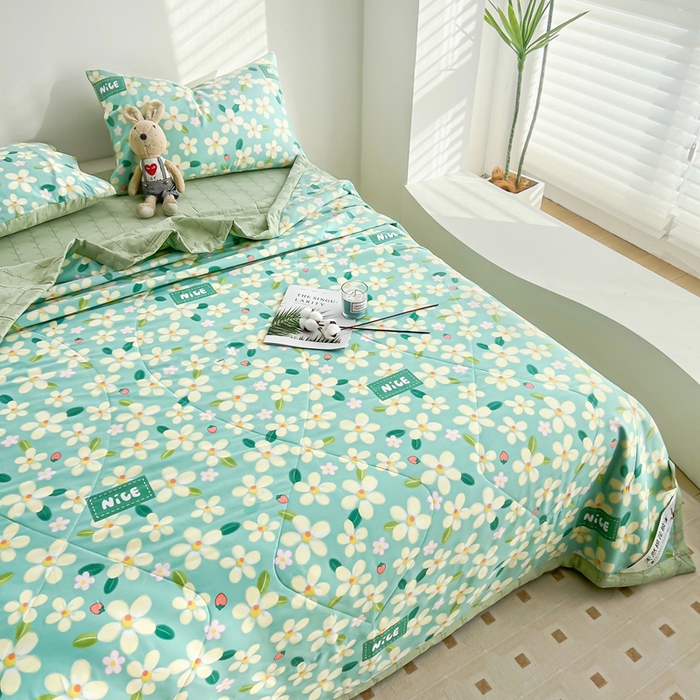 91家纺网 家纺一手货源 找家纺 黛妮雅 2026新款里外全棉印花棉花被纯棉夏被夏凉被空调被 夏被四件套花满城绿