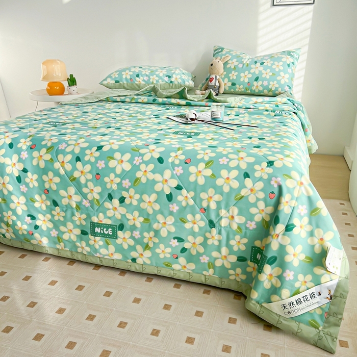 91家纺网 家纺一手货源 找家纺 黛妮雅 2026新款里外全棉印花棉花被纯棉夏被夏凉被空调被 夏被四件套花满城绿