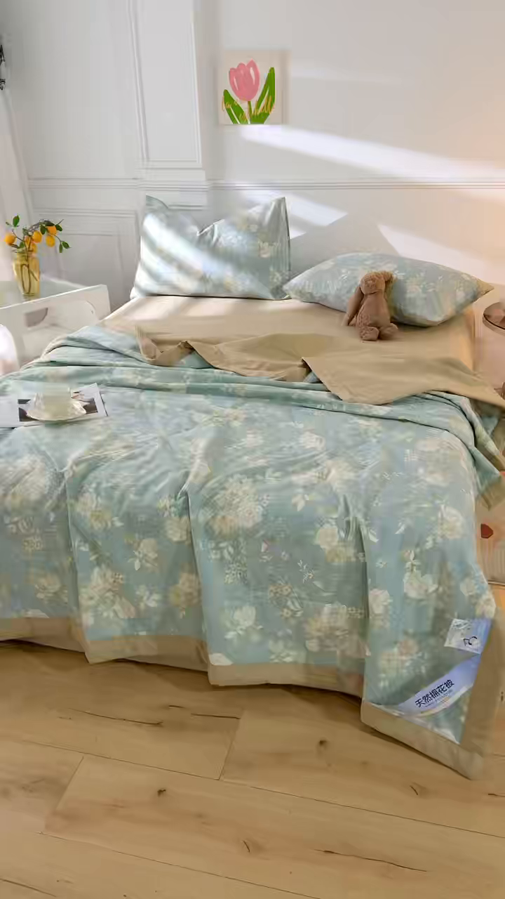 91家纺网 家纺一手货源 找家纺 黛妮雅 2026新款里外全棉印花棉花被纯棉夏被夏凉被空调被 夏被四件套花满城绿