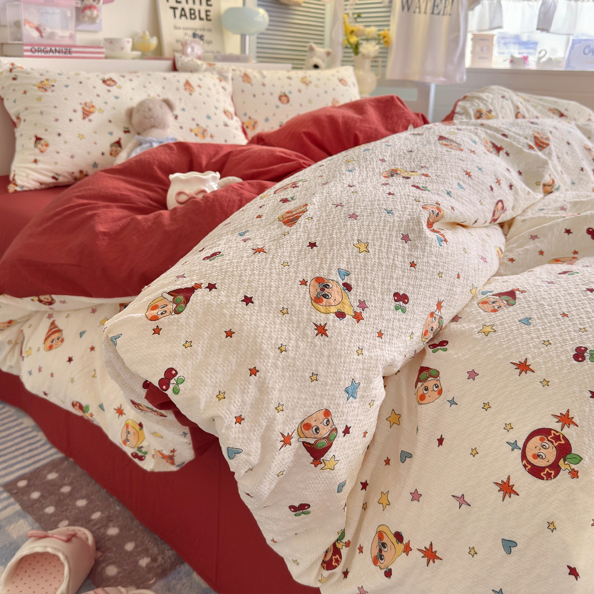 优选 2026新款小清新110g高品质直播热卖款A类泡芙棉双层纱四件套 苹果星星人-红