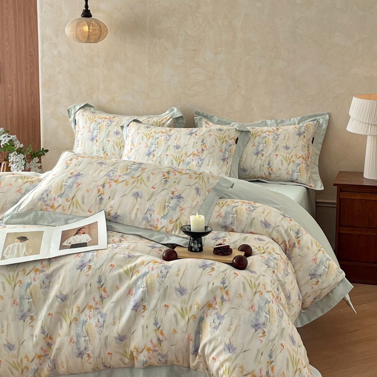 91家纺网 家纺一手货源 找家纺 （总）金昱纺 2026新款拼角工艺款数码印花棉麻四件套