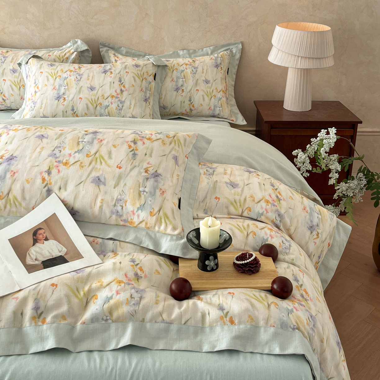 91家纺网 家纺一手货源 找家纺 （总）金昱纺 2026新款拼角工艺款数码印花棉麻四件套