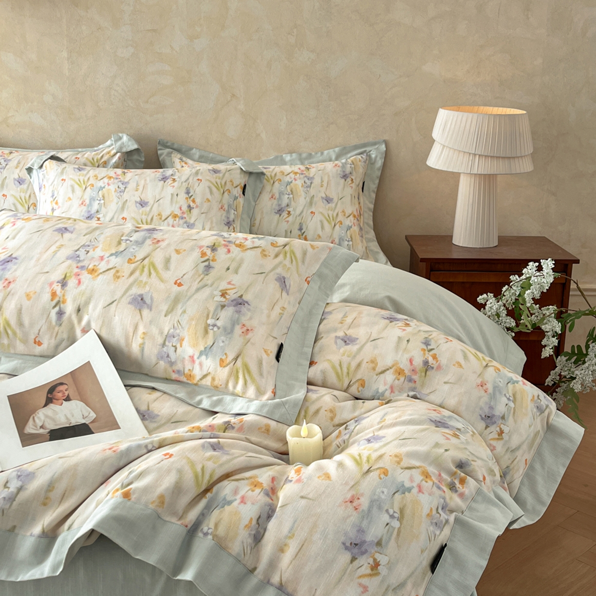 91家纺网 家纺一手货源 找家纺 （总）金昱纺 2026新款拼角工艺款数码印花棉麻四件套