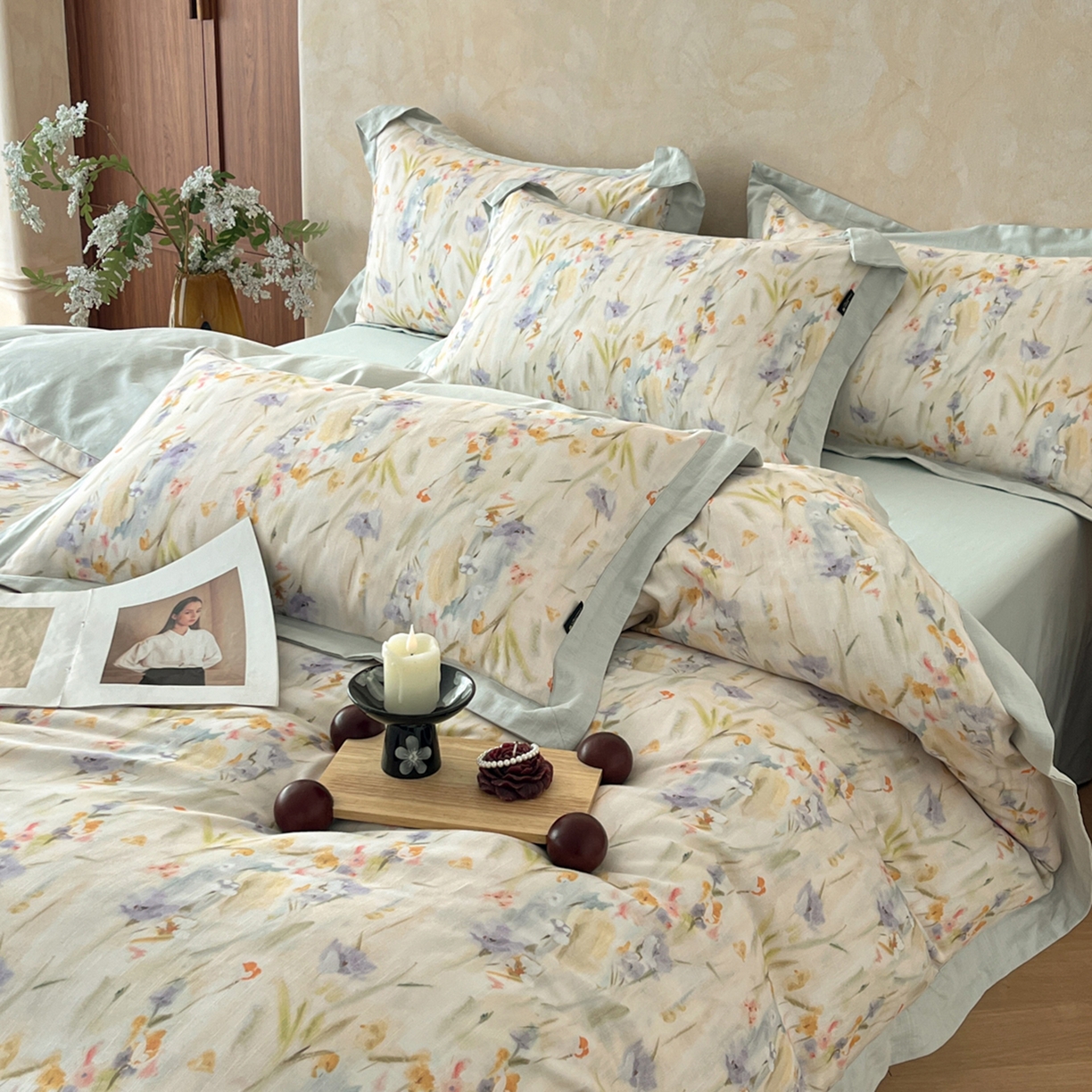 91家纺网 家纺一手货源 找家纺 （总）金昱纺 2026新款拼角工艺款数码印花棉麻四件套