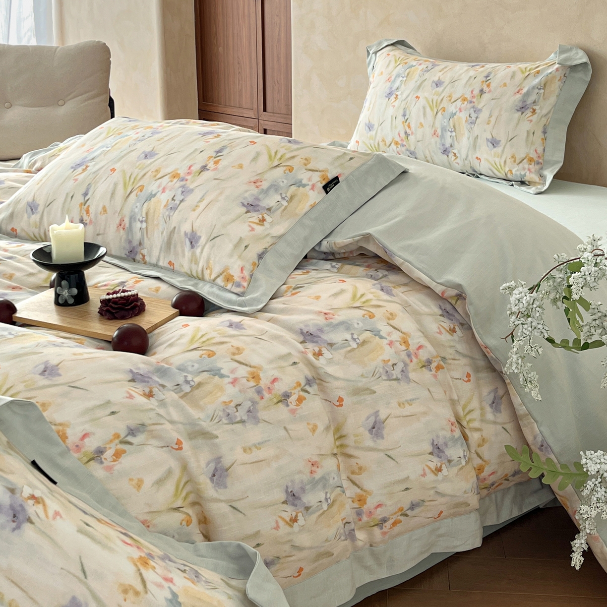 91家纺网 家纺一手货源 找家纺 （总）金昱纺 2026新款拼角工艺款数码印花棉麻四件套