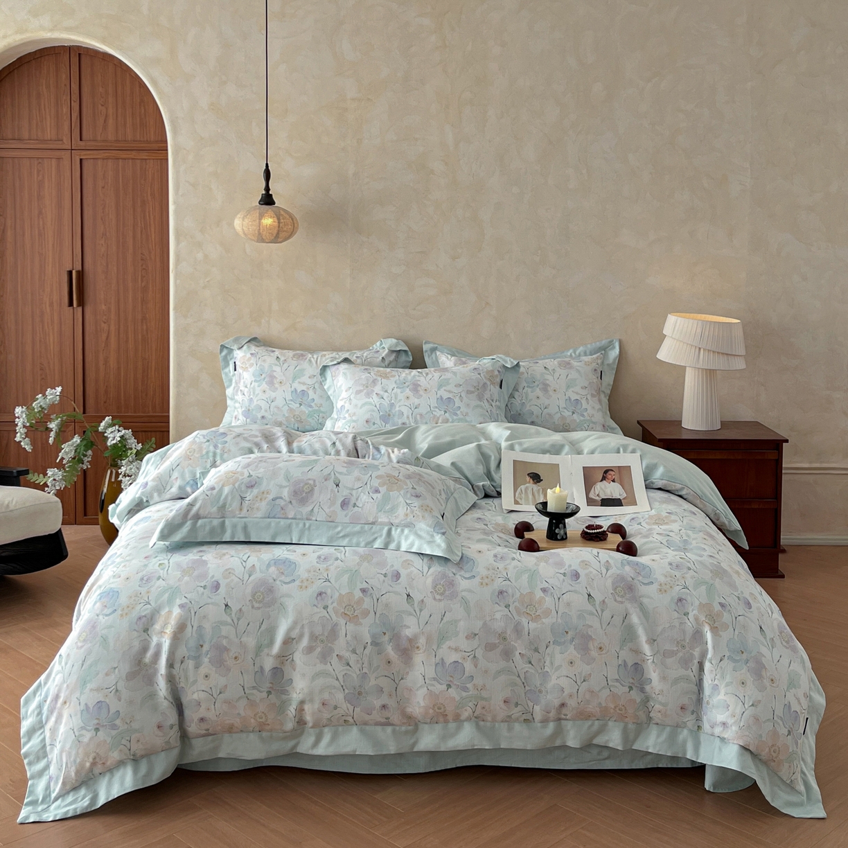 91家纺网 家纺一手货源 找家纺 （总）金昱纺 2026新款拼角工艺款数码印花棉麻四件套