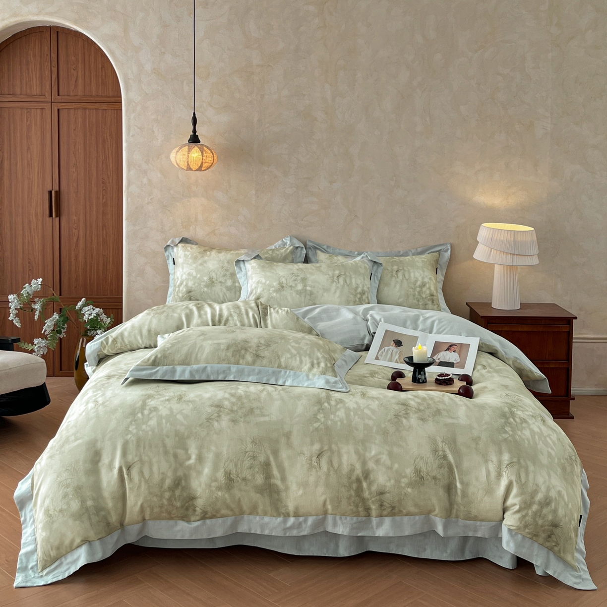 91家纺网 家纺一手货源 找家纺 （总）金昱纺 2026新款拼角工艺款数码印花棉麻四件套