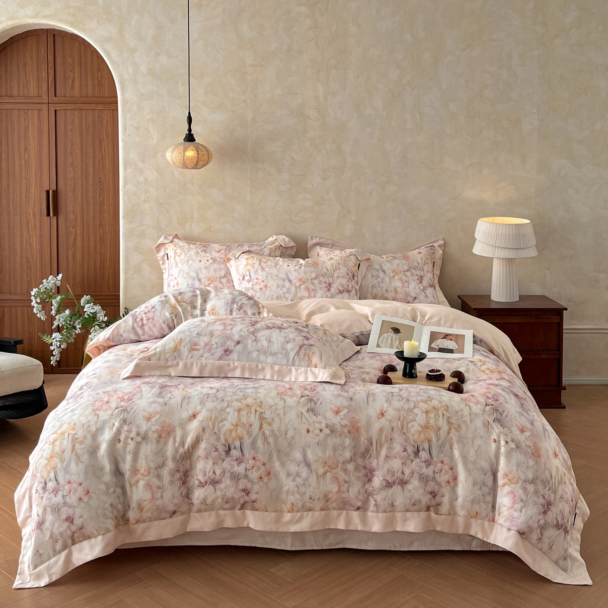 91家纺网 家纺一手货源 找家纺 （总）金昱纺 2026新款拼角工艺款数码印花棉麻四件套