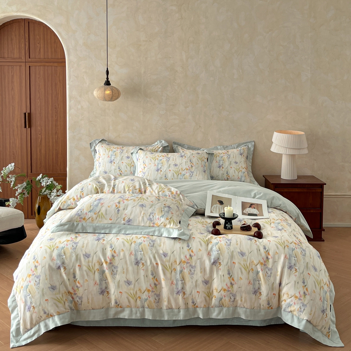 金昱纺 2026新款拼角工艺款数码印花棉麻四件套 薇光-兰