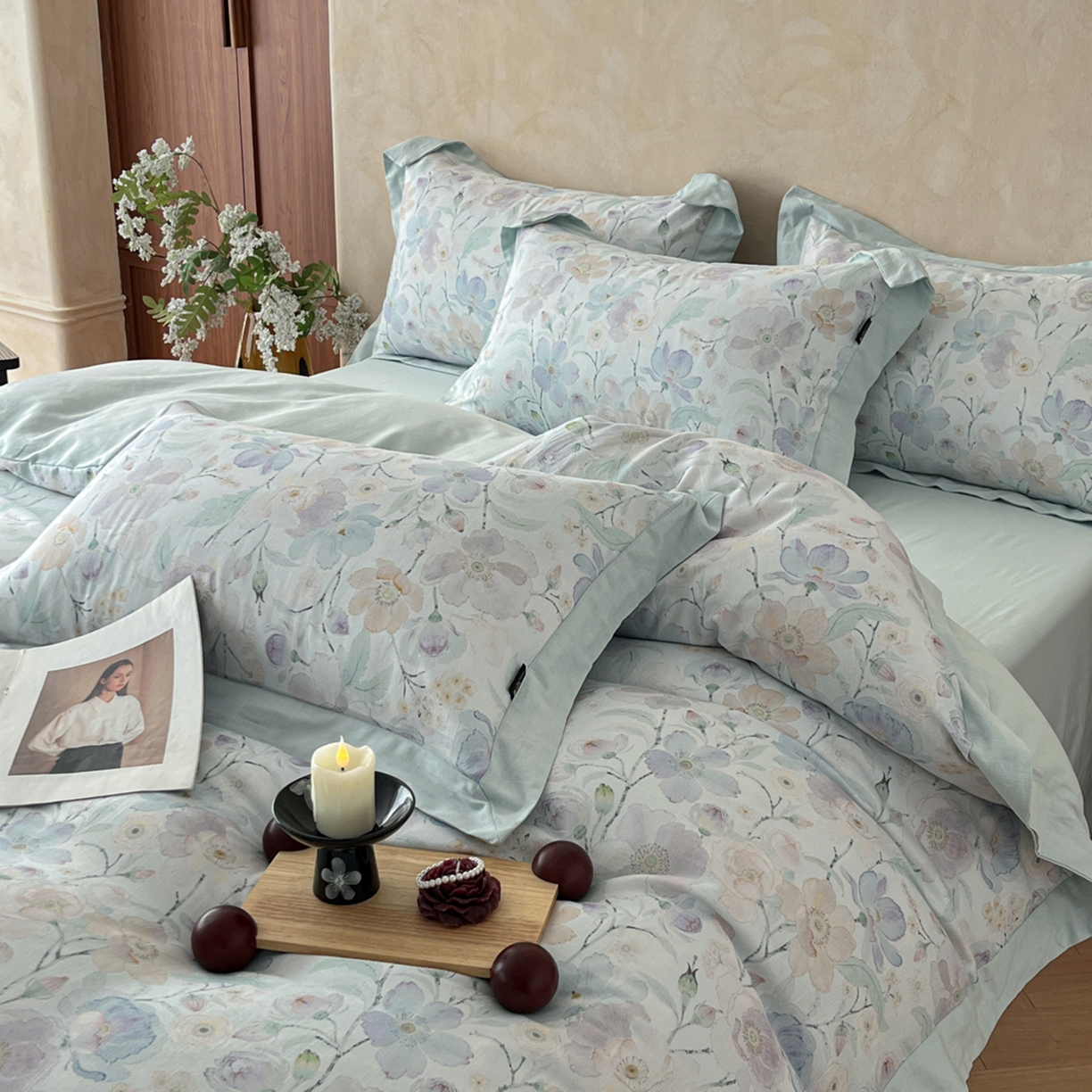 91家纺网 家纺一手货源 找家纺 金昱纺 2026新款拼角工艺款数码印花棉麻四件套 布拉格-兰