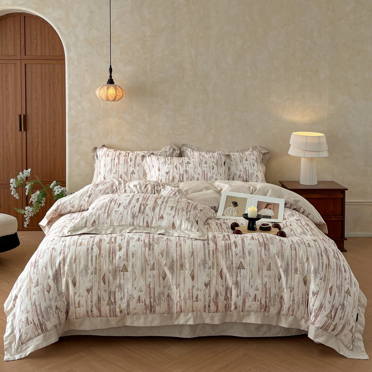 金昱纺 2026新款拼角工艺款数码印花棉麻四件套 万川-咖