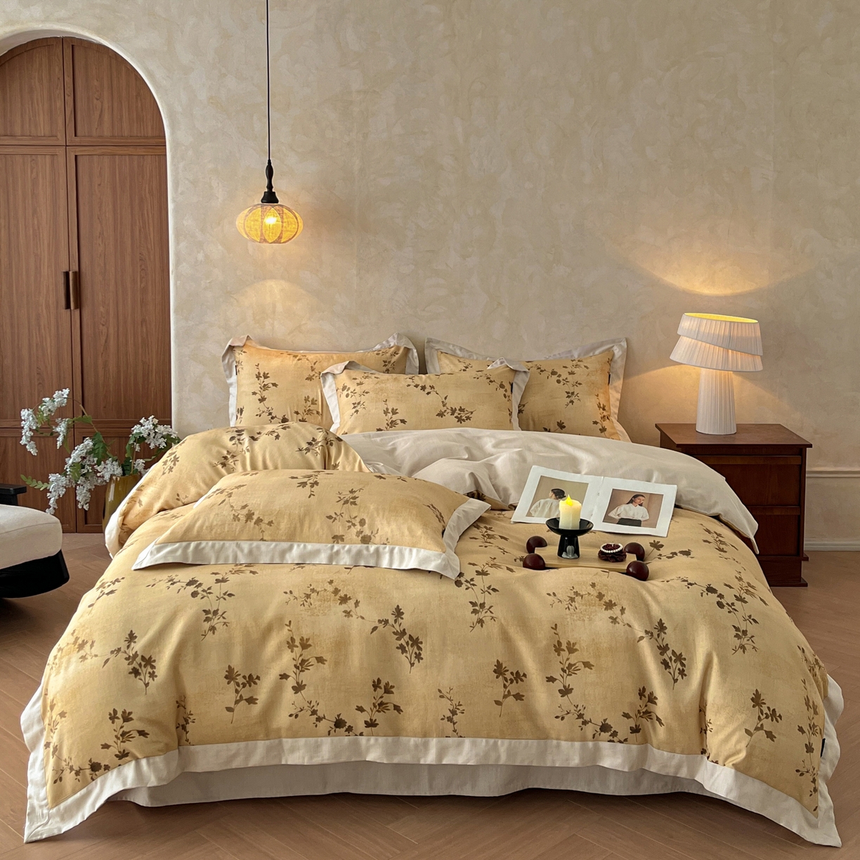 金昱纺 2026新款拼角工艺款数码印花棉麻四件套 叶璃-咖