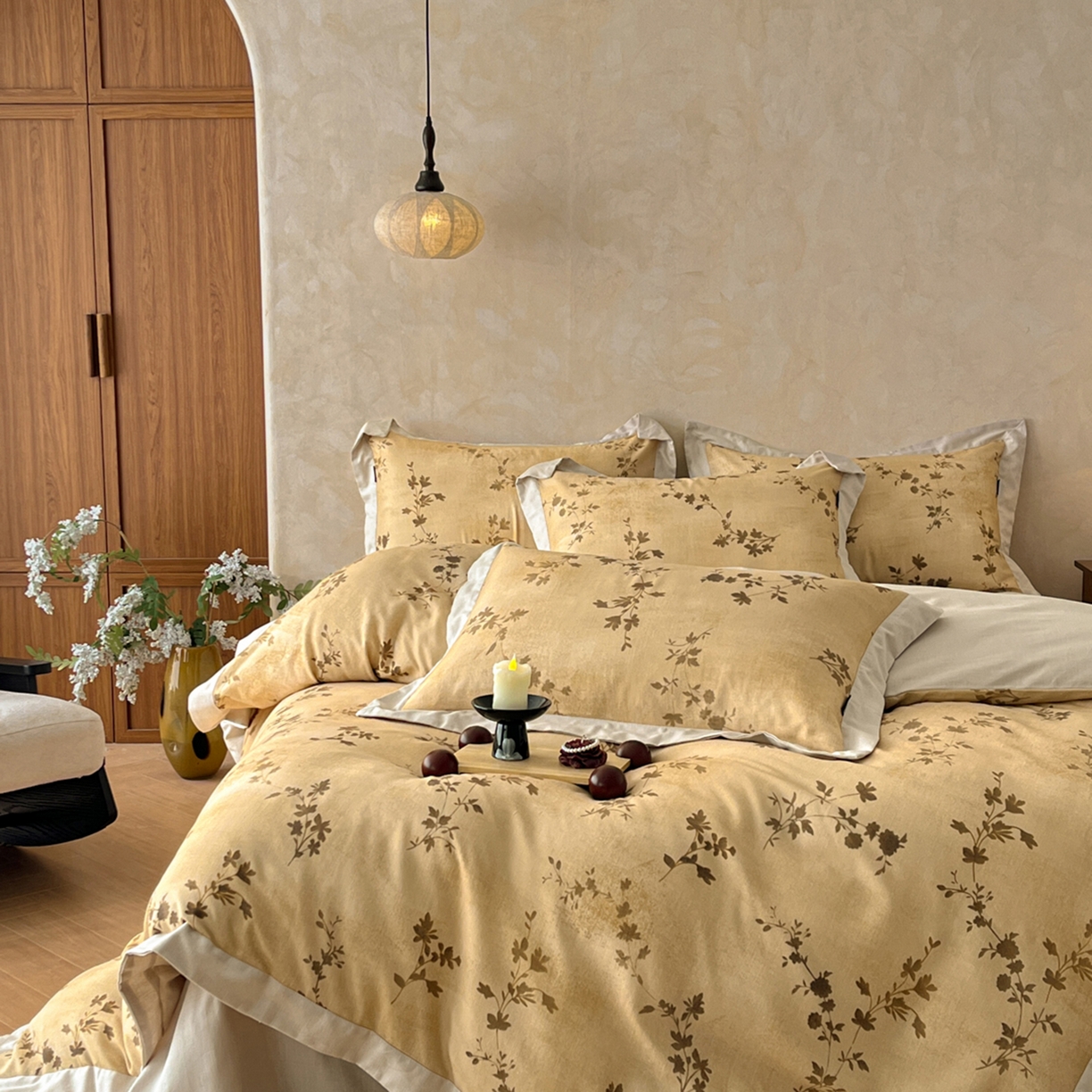 91家纺网 家纺一手货源 找家纺 金昱纺 2026新款拼角工艺款数码印花棉麻四件套 叶璃-咖