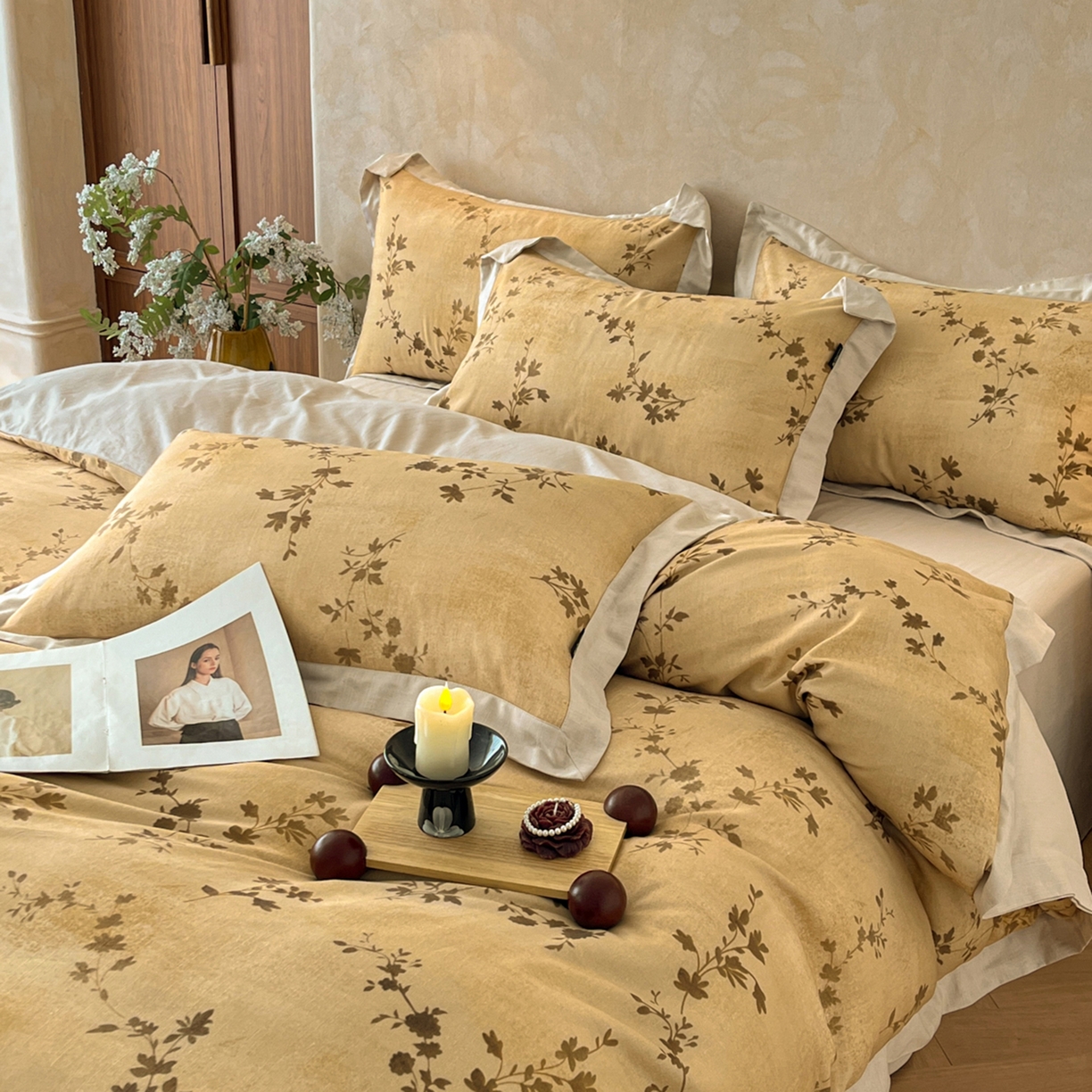 91家纺网 家纺一手货源 找家纺 金昱纺 2026新款拼角工艺款数码印花棉麻四件套 叶璃-咖