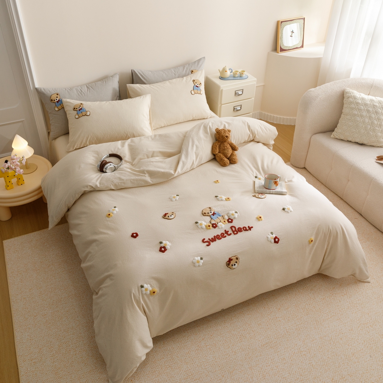 91家纺网 家纺一手货源 找家纺 艾莱家纺 2026春夏新款A类棉麻加厚四件套精艺刺绣精致毛巾绣四件套-冉初 冉初-本色