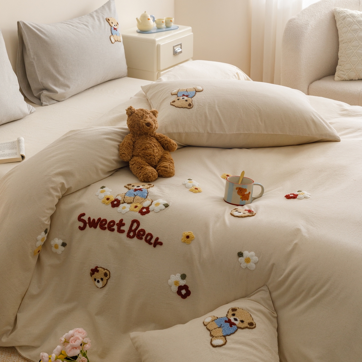 91家纺网 家纺一手货源 找家纺 艾莱家纺 2026春夏新款A类棉麻加厚四件套精艺刺绣精致毛巾绣四件套-冉初 冉初-本色