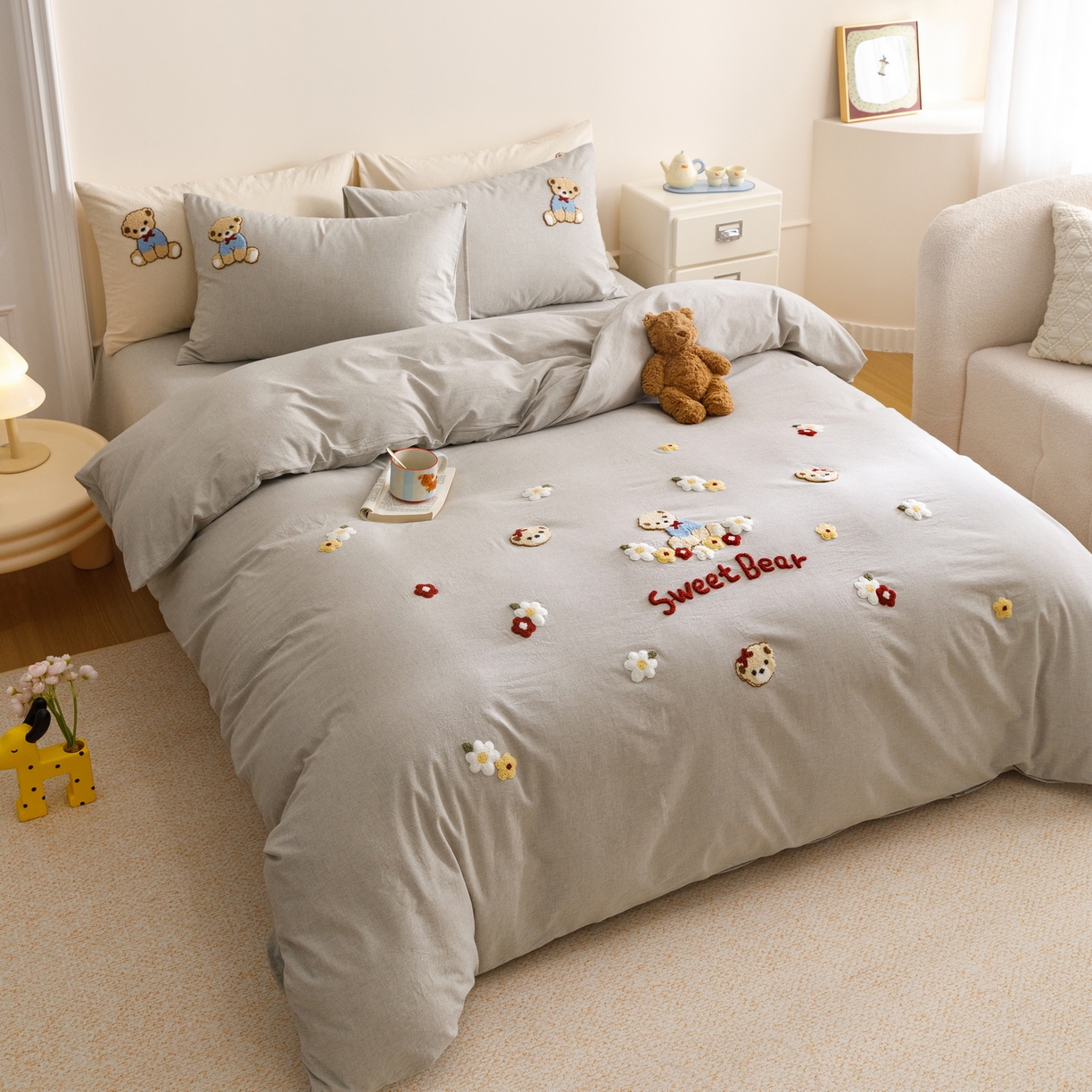 91家纺网 家纺一手货源 找家纺 艾莱家纺 2026春夏新款A类棉麻加厚四件套精艺刺绣精致毛巾绣四件套-冉初 冉初-灰