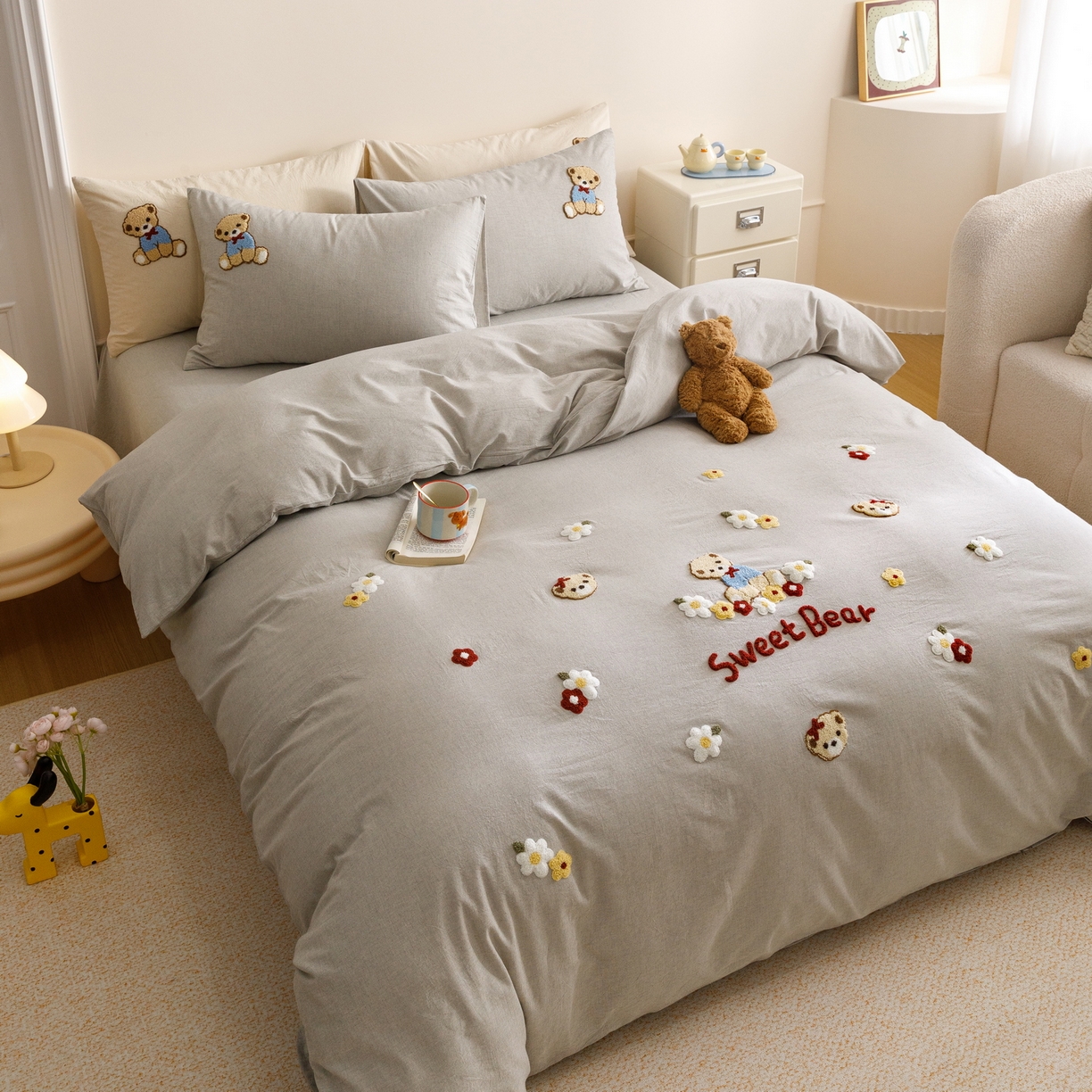 91家纺网 家纺一手货源 找家纺 艾莱家纺 2026春夏新款A类棉麻加厚四件套精艺刺绣精致毛巾绣四件套-冉初 冉初-灰