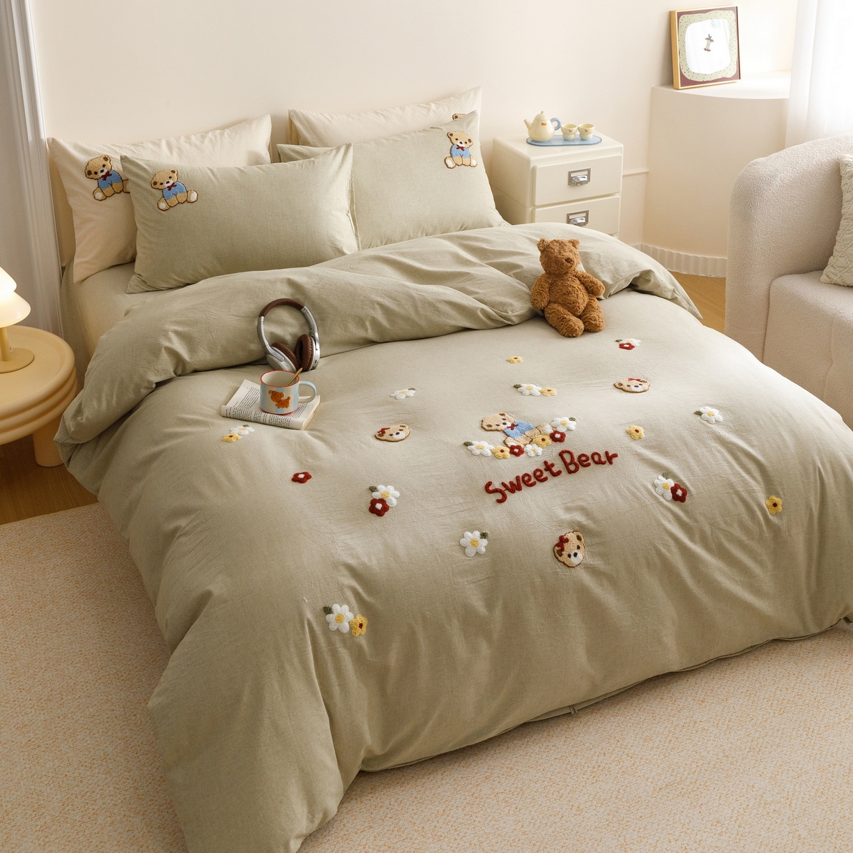 91家纺网 家纺一手货源 找家纺 艾莱家纺 2026春夏新款A类棉麻加厚四件套精艺刺绣精致毛巾绣四件套-冉初 冉初-绿